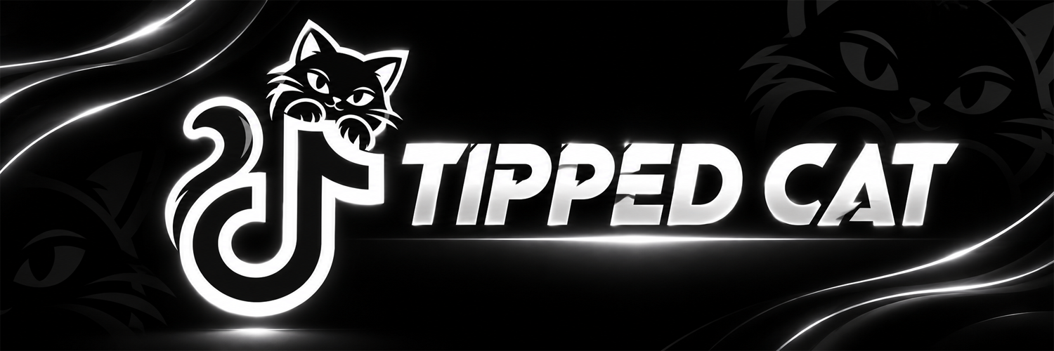 TIPPEDCAT wordmark — the cat on the T-tail beside the name in neon chrome